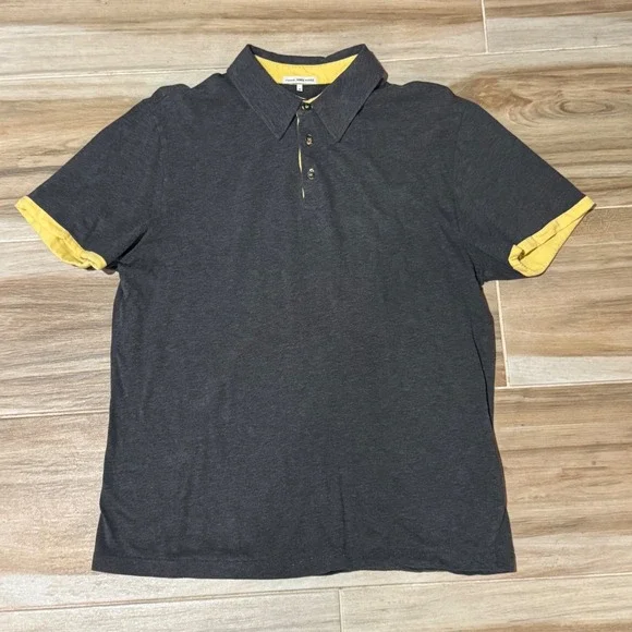 James Perse Standard Mens Polo Shirt Grey Yellow Trim Size 2 Medium Short Sleeve
